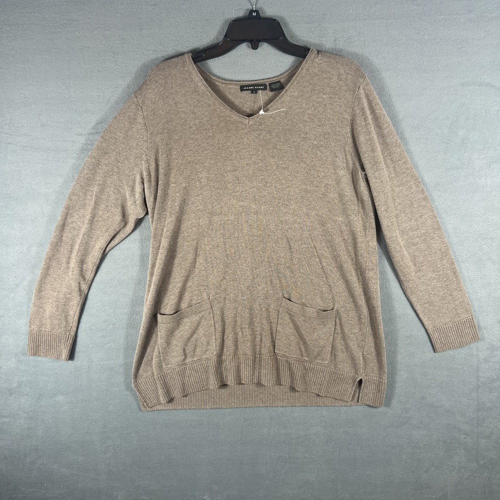Jeanne Pierre Women's L Large Cotton‎ V-Neck Sweater Brown Pockets Long Sleeve